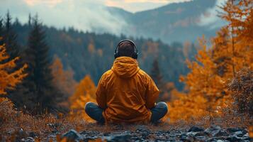 A person sitting in the middle of a field with mountains in the background photo