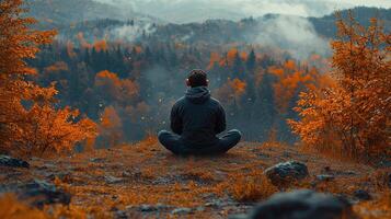 A person sitting in meditation in the middle of a forest photo
