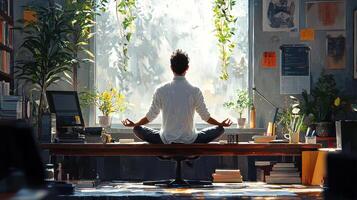 A man meditating in a chair in front of a window photo