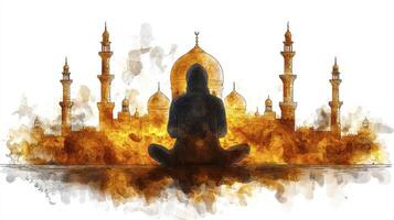 A watercolor painting of a man sitting in front of a mosque photo