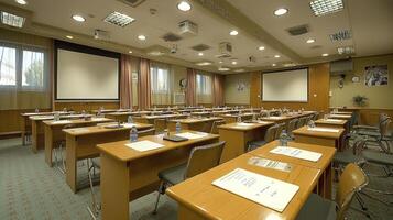 A conference room with tables and chairs photo