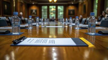 A conference table with water bottles and pens on it photo