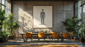 A large painting of a man is hanging in a room photo