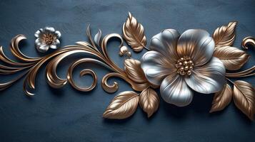 3d rendering of a flower on a blue wall photo