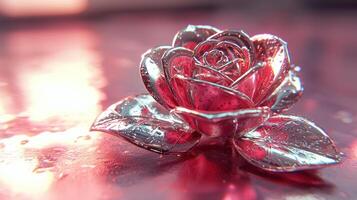 A rose is sitting on a table with water droplets photo