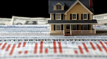 A house model sits on top of a stack of money photo