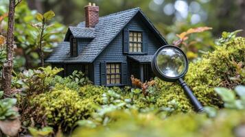 A miniature house in the forest with a magnifying glass photo