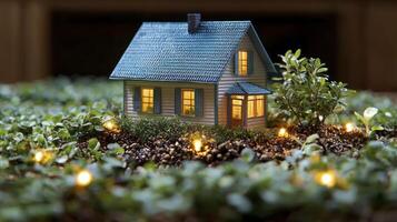 A miniature house with lights on the ground photo