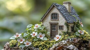 A miniature house with flowers on top of a rock photo