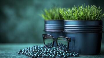 Green grass in a glass container with glasses on a dark background photo