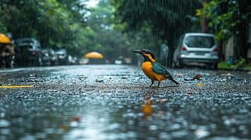 A bird standing on a wet road photo