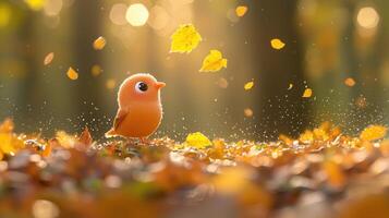 An orange bird is standing in the leaves photo