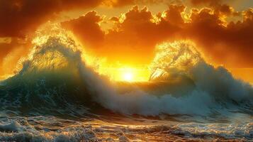The sun rising over the ocean with waves crashing into it photo