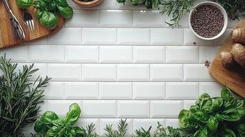 A white tile counter with herbs and vegetables photo