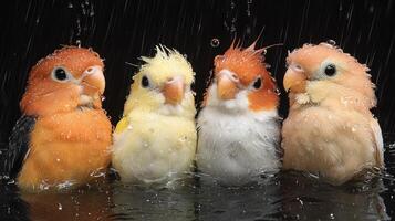 Four colorful birds in the rain photo