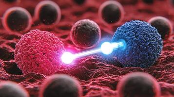 Two red and blue balls are connected by a light photo