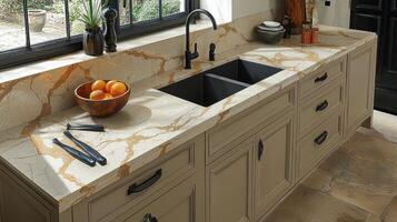 A kitchen counter with a sink and fruit on it photo