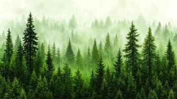 A green forest with trees and fog photo