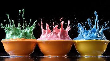 Three colorful cups with paint splashes photo
