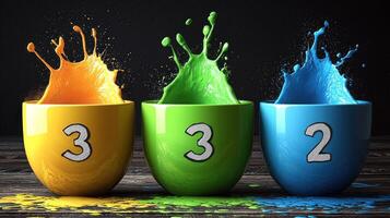 Three colorful cups with splashes of paint photo