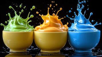 Three colorful cups with splashes of liquid photo