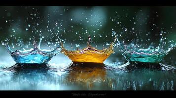 Three water drops splashing on a black background photo