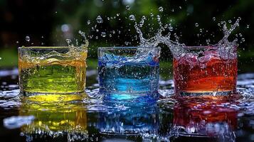 Three glasses of water with colorful liquid splashing photo