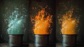 Three different colored liquid being poured into a bucket photo