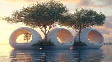 Three circular pods sitting on the water with trees photo