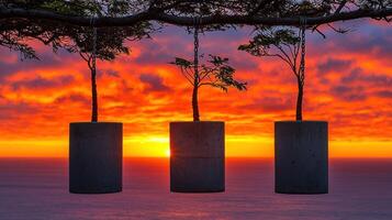 Three concrete vases hanging from a tree photo