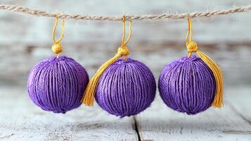 Three purple balls hanging on a rope photo