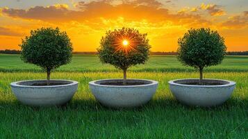 Three large planters with trees in them photo
