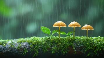 Three mushrooms are standing on a mossy branch in the rain photo