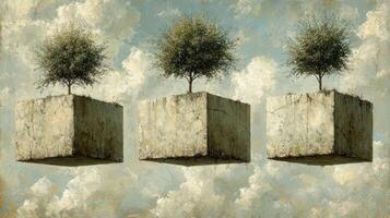 Three trees in a cube with clouds in the background photo