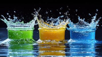 Three colorful drinks splash into the water photo
