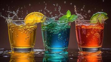 Three glasses of colorful drinks with water splashing photo