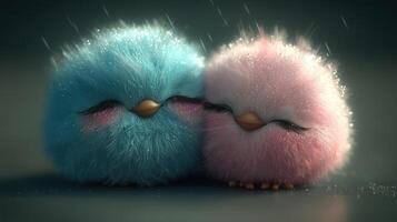 Two cute little birds are sitting together in the rain photo