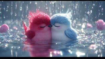 Two birds are kissing in the rain photo