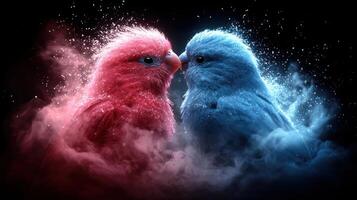 Two birds are kissing in the air with blue and pink colors photo