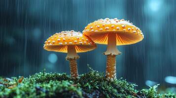 Two mushrooms in the rain with water droplets on them photo