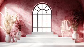 A pink room with a chair and vases photo