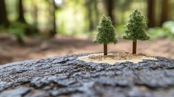Two small trees are sitting on top of a stump photo