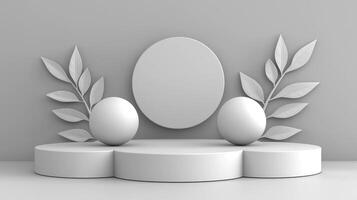 3d render of a white egg on a pedestal with leaves photo