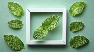 Mint leaves in a white frame on a green background photo