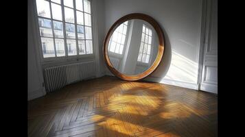 A mirror in a room with a wooden floor and a window photo