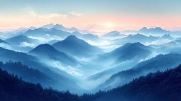 A beautiful mountain landscape with fog and trees photo