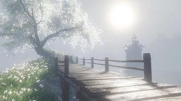 A wooden bridge leads to a tree in the fog photo