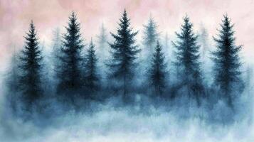 A painting of trees in the fog with a pink sky photo