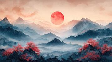 An artistic painting of a mountain with red sun photo