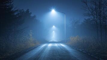 A road with a light shining down on it at night photo